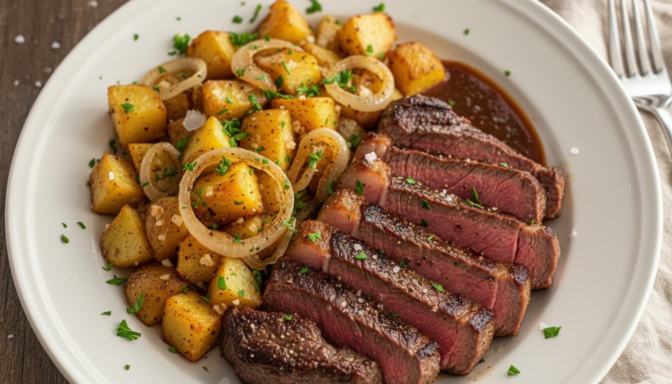 Pan-Seared Ribeye Steak with Crispy Garlic Potatoes