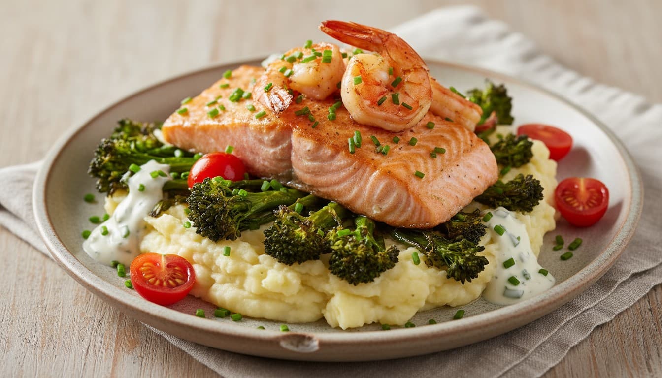 Salmon, prawns and broccoli with mashed potato