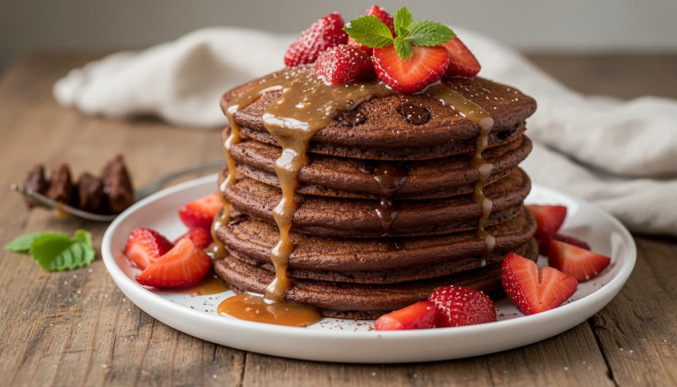 Caramel and Chocolate Pancakes with Strawberries