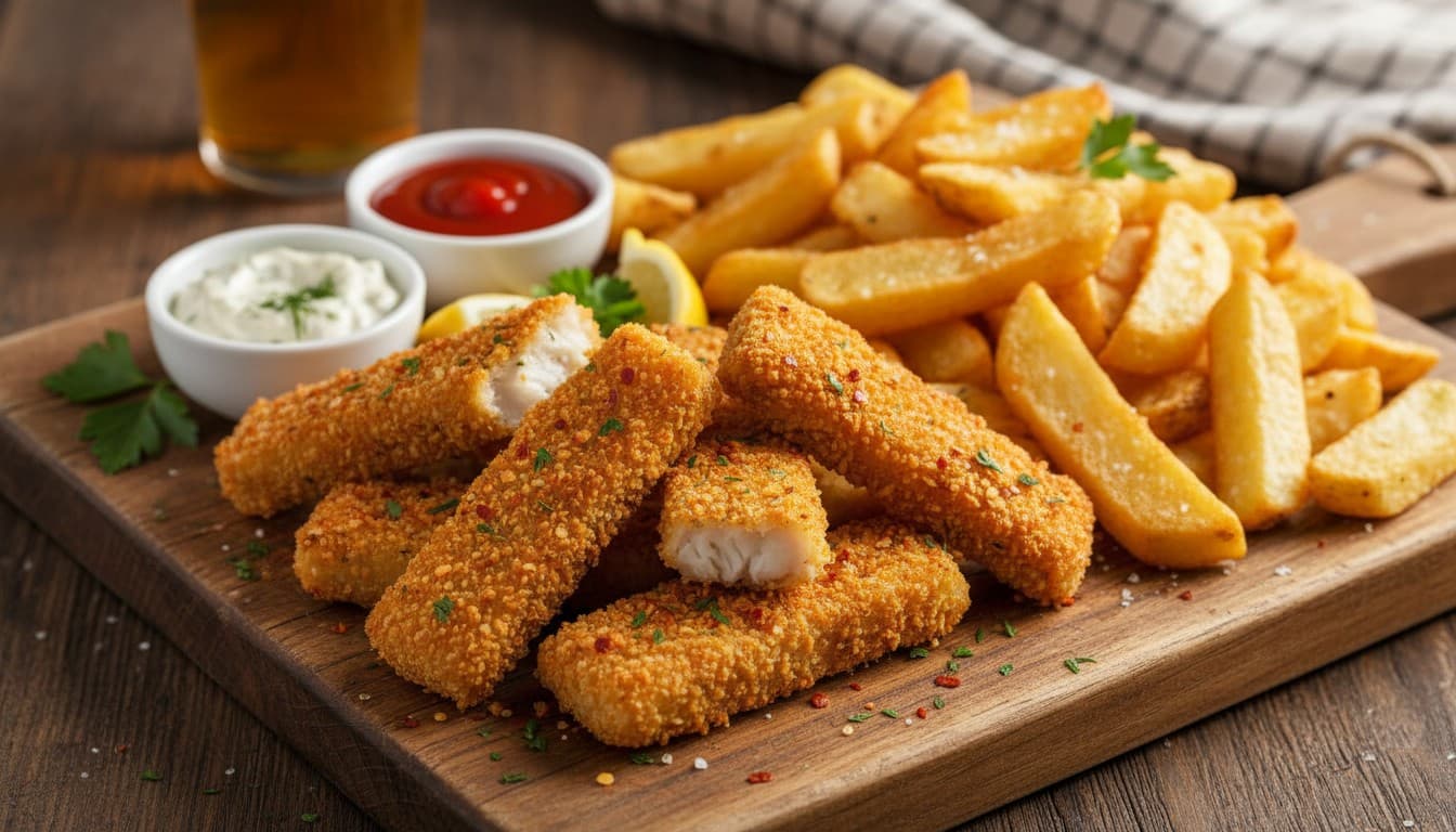 Spicy Homemade Fish Fingers with Chip Shop Chips