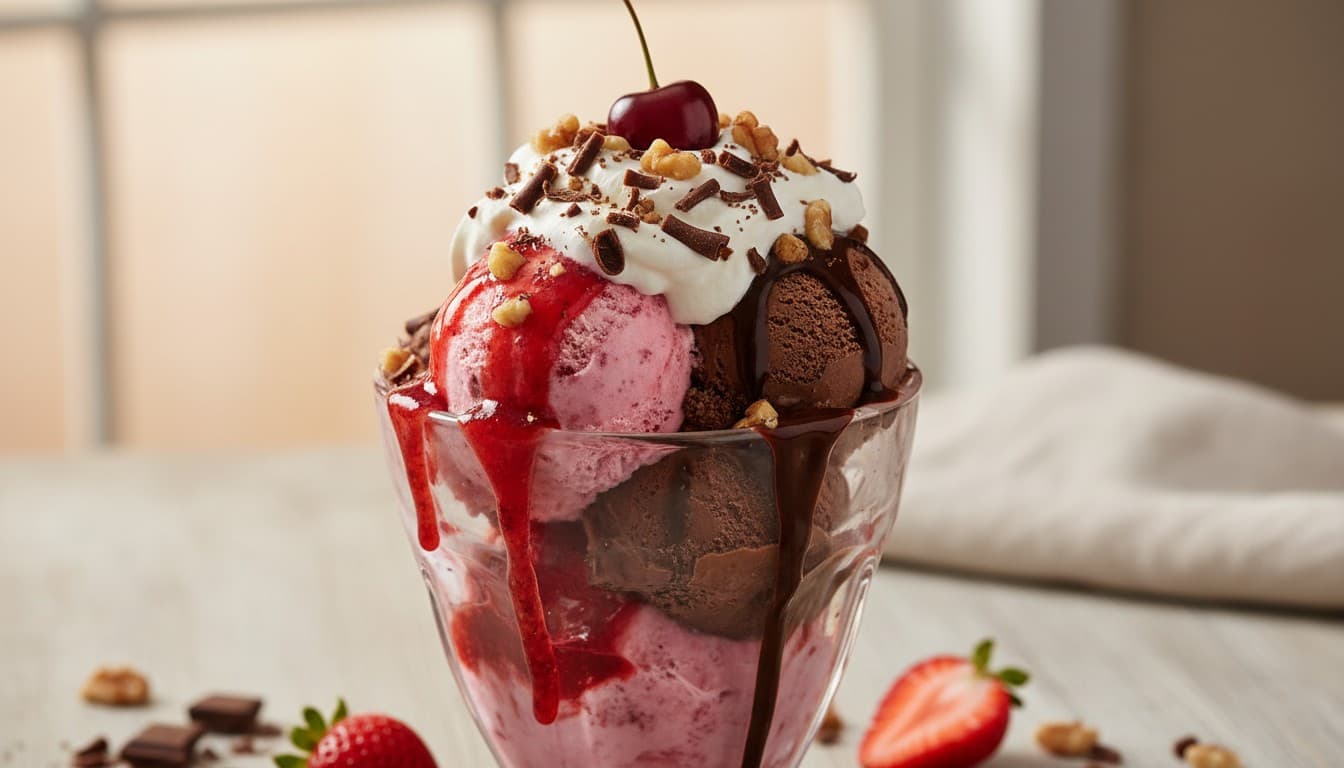 Strawberry and Chocolate Ice Cream Sundae